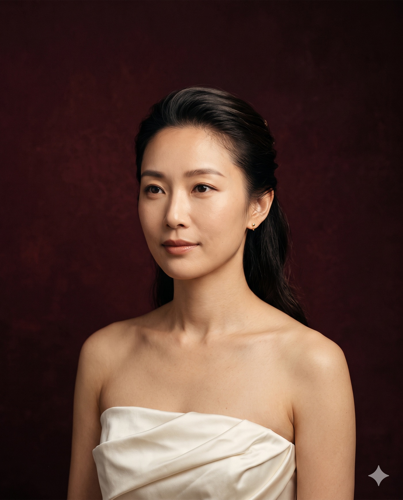 Elegant Korean beauty portrait with a refined natural hairline